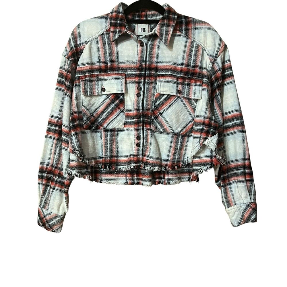 BDG Shirt Cropped Oversized Flannel Raw Hem Colorful Plaid Boho Festival Medium
